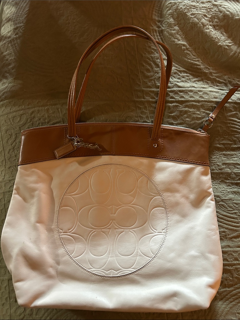 Coach Two-Tone Tote in White and Brown Leather Trim